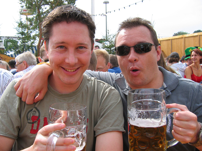 Two men drinkimg beer at Munich Oktoberfest