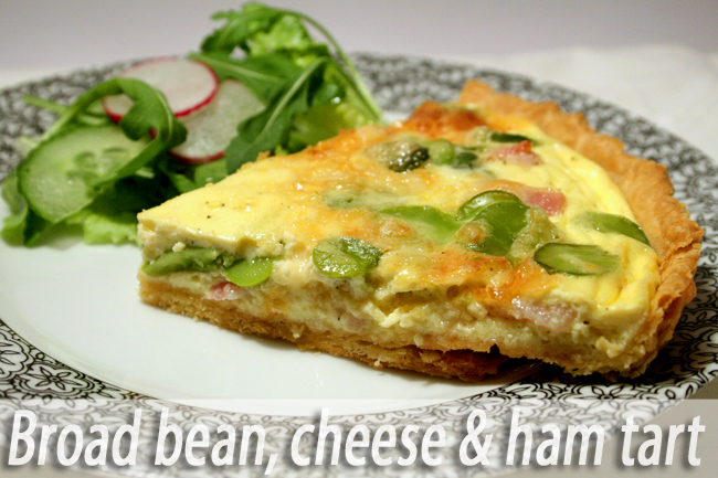 Broad bean, cheese & ham tart