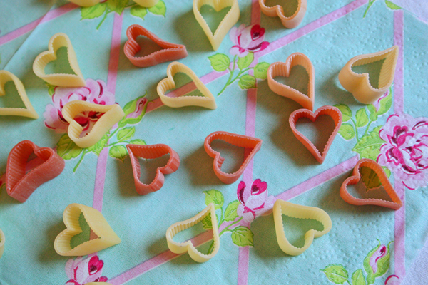 pink and white heart-shaped pasta
