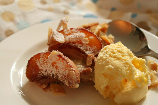 Peach clafoutis and ice-cream