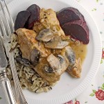 Chicken breasts in a mushroom marsala sauce with roasted beets