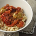 Fregola Sarda with a tomato, anchovy, chilli and olive sauce