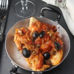 Chicken with tomato, olives and capers from “Hazan Family Favourites”