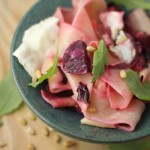 Papardelle with goat’s cheese, beetroot, rocket & pine nuts