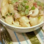 Broad bean, bacon and mushroom pasta