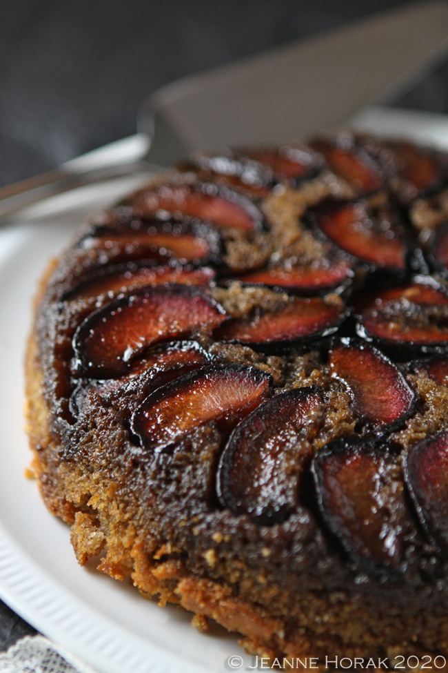 Plum upside down cake close up