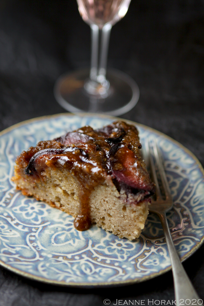 Slice of plum upside down cake