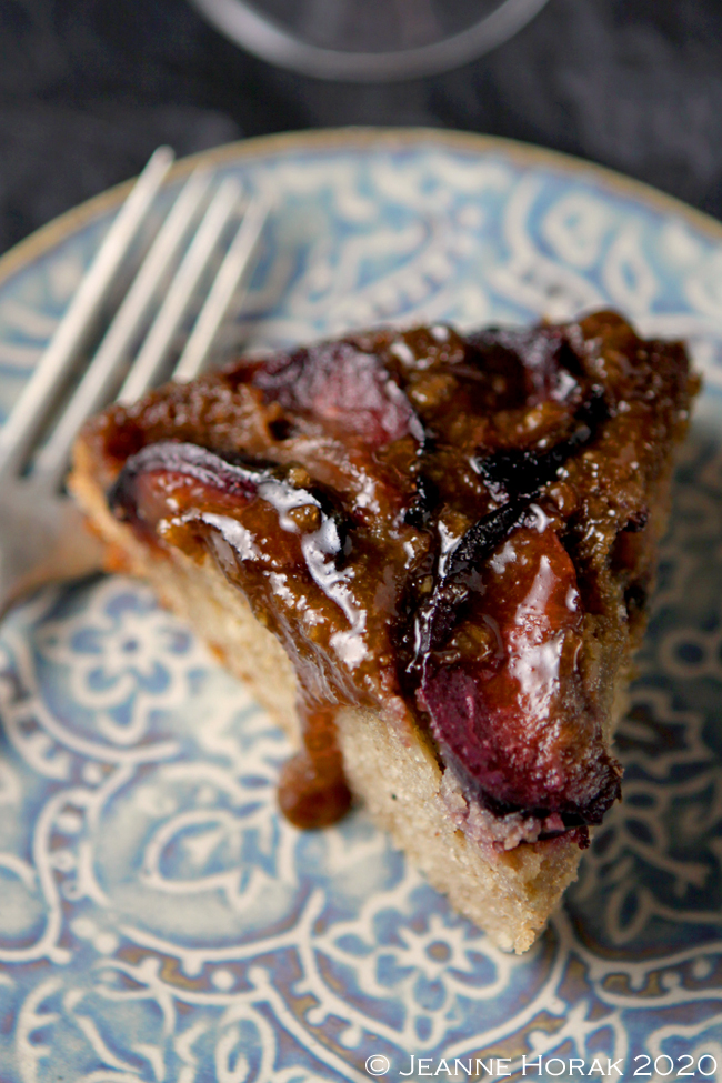 Slice of plum upside down cake