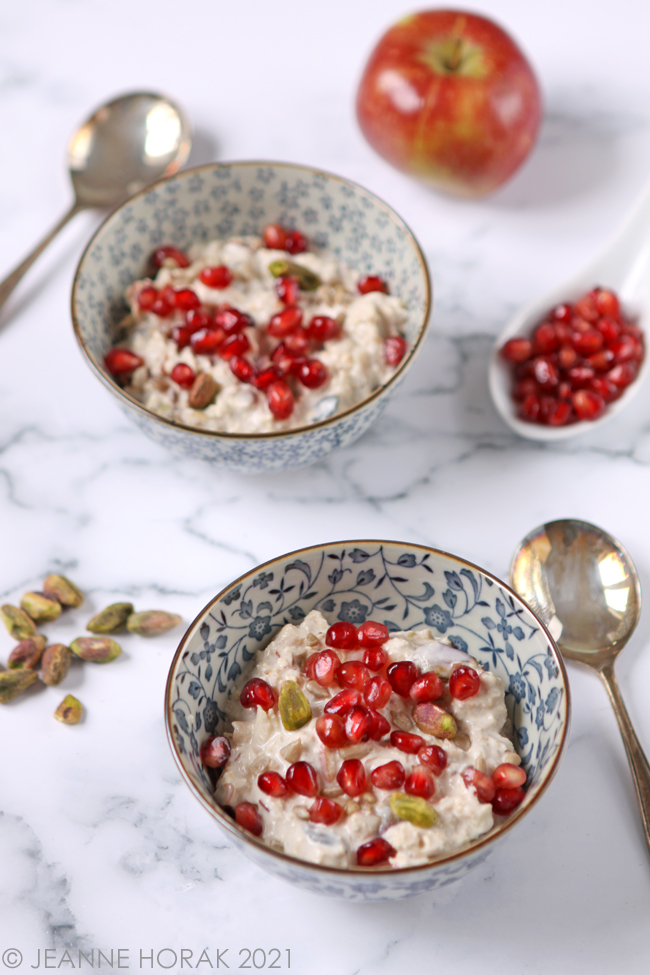 Bowls of Bircher muesli with pomegranate