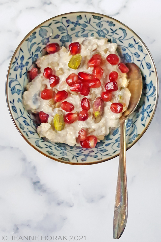 Bowl of Bircher muesli with pomegranate