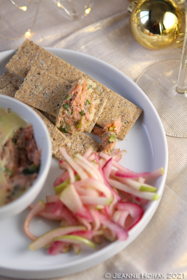 Potted smoked salmon with apple red onion slaw