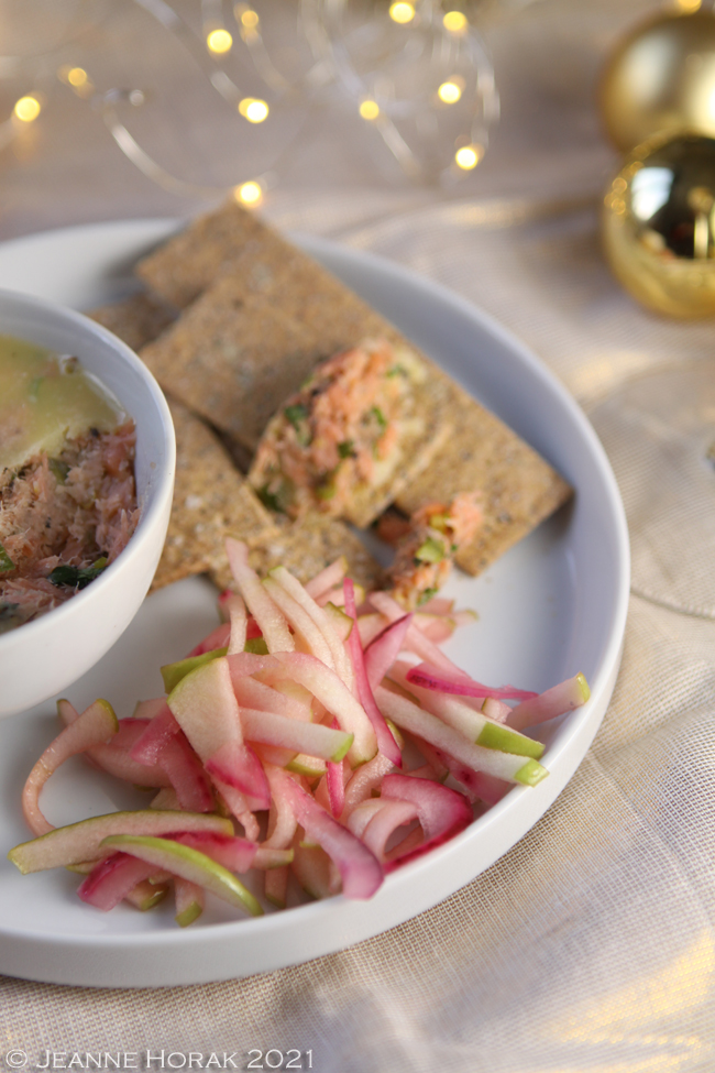 Potted smoked salmon with apple red onion slaw