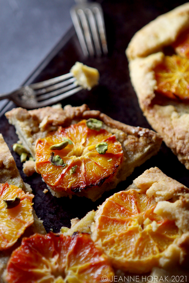 Blood orange and pistachio galette sliced