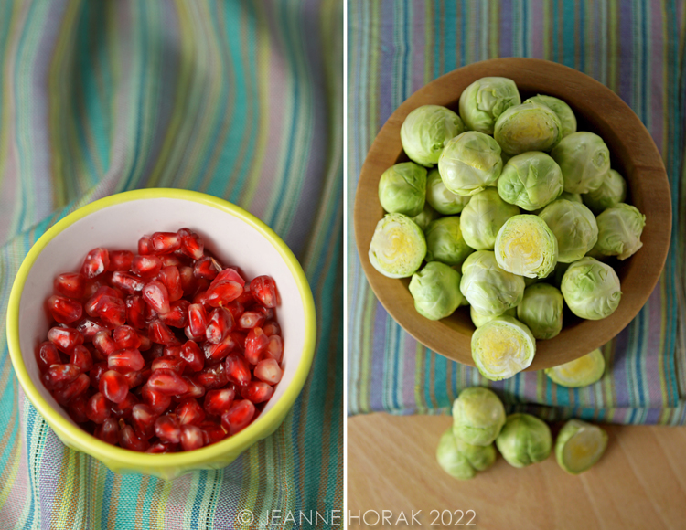 Pomegranate arils and raw Brussels sprouts