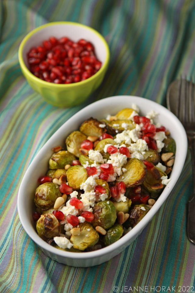 Roasted Brussels sprouts with feta, pomegranate and pine nuts [GF, V
