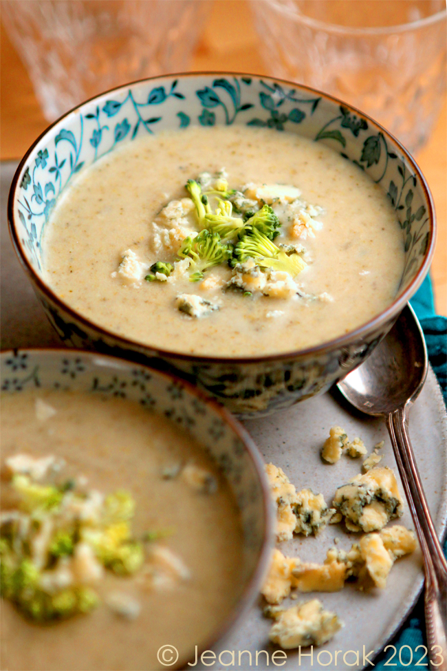 Bowls of broccoli and Stilton soup