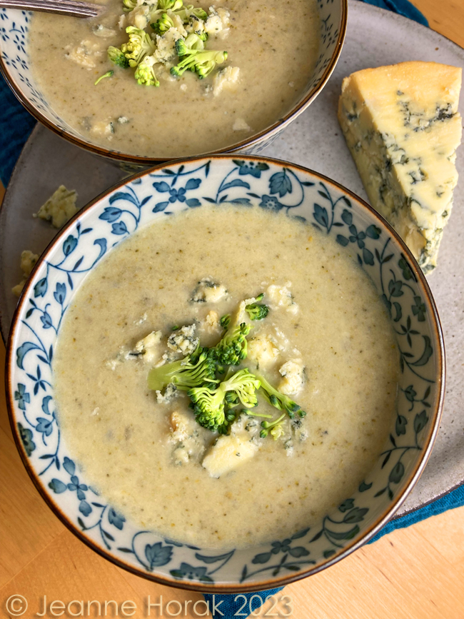 Bowls of broccoli and stilton soup