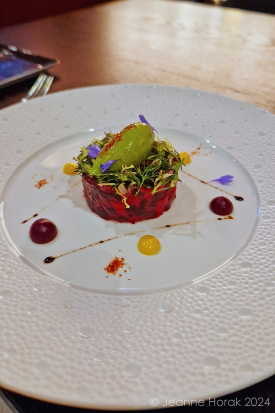Beetroot tower with green mustard sorbet